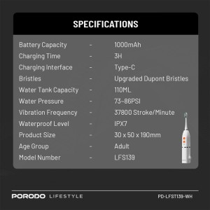 مسواک شارژی پورودو مدل PORODO WATER FLOSS&SONIC PD-LFST139-WH