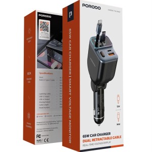 شارژر فندکی 65 وات پرودو مدل Porodo 65W Car Charger Dual Retractable Cable PDFWCH068BK