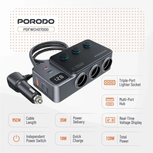 شارژر فندکی خودرو 120 وات پرودو مدل Porodo 120W Car Charger Lighter Socket PDFWCH070