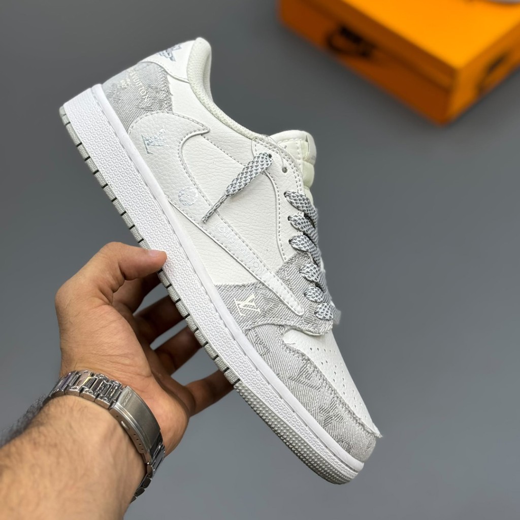 جردن وان لویی ویتون Air Jordan 1 Low Travis Scott Louis Vuitton Grey White Monogram