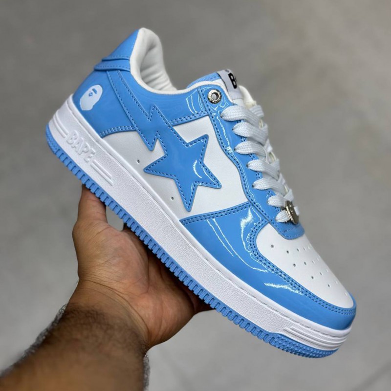 کفش بتینگ ایپ بیپ استا چرم براق آبی سفید A Bathing Ape Bape Sta Patent Leather Blue White