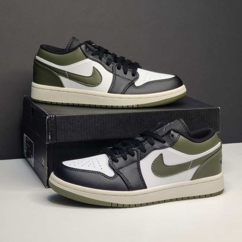 کفش نایک ایر جردن وان لو مشکی سفید زیتونی Jordan 1 Low Black Toe Medium Olive