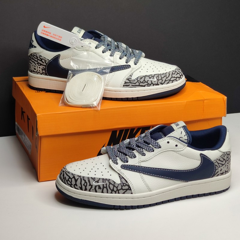 کفش نایک ایر جردن وان لو دیور سفید سرمه‌ای طوسی Nike Air Jordan 1 Low Dior White Navy Gray