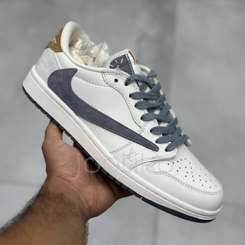 کفش نایک ایر جردن وان لو لویی ویتون سفید طوسی قهوه‌ای روشن Nike Air Jordan 1 Low Louis Vuitton White Grey Light Brown