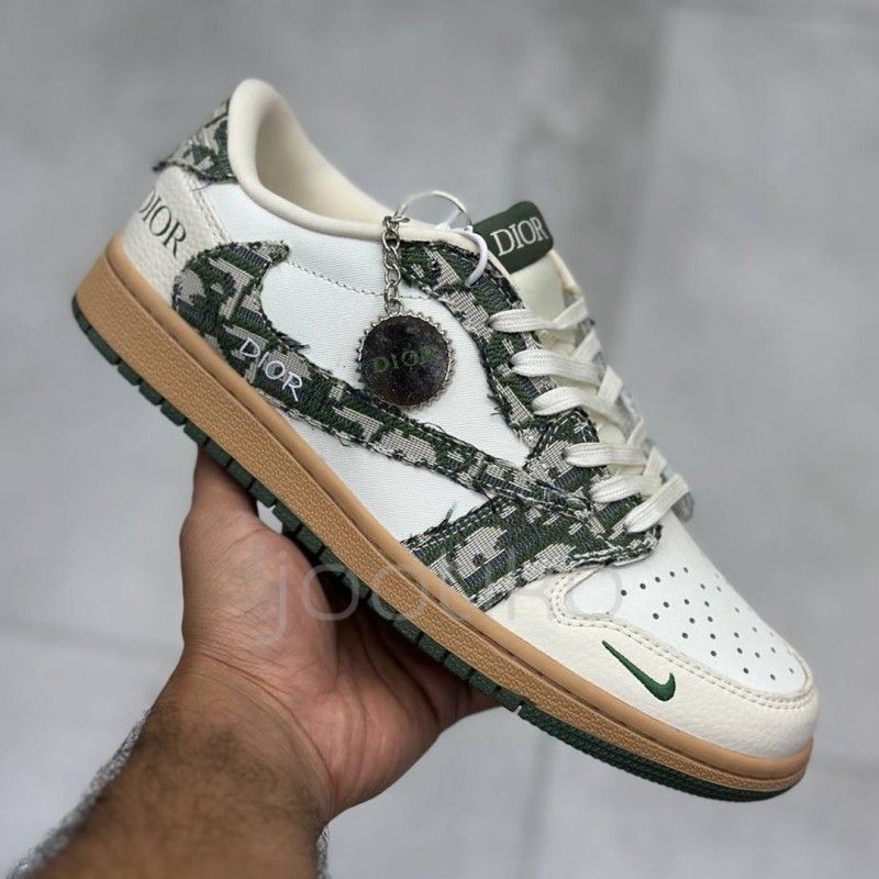 کفش نایک ایر جردن وان لو دیور کرم سبز قهوه‌ای کاراملی Nike Air Jordan 1 Dior Cream Green Brown Caramel