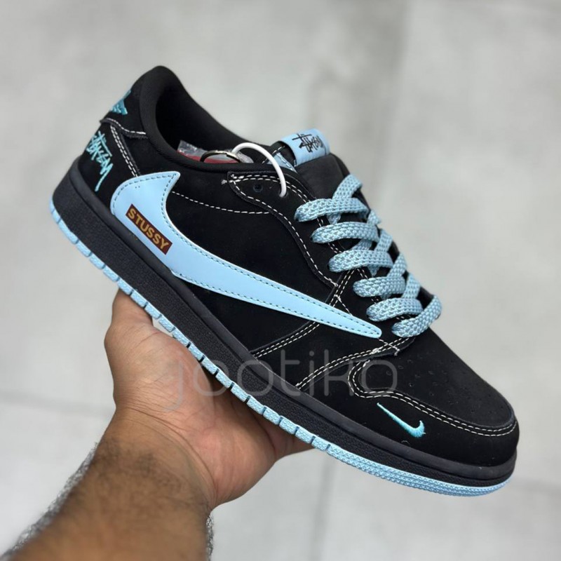 کفش نایک ایر جردن وان لو استاسی مشکی آبی آسمانی Nike Air Jordan 1 Low Stussy Black Sky Blue