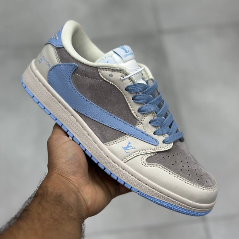 کفش نایک ایر جردن وان لو لویی ویتون طوسی آبی آسمانی کرم روشن Nike Air Jordan One 1 Louis Vuitton Grey Sky Blue Light Cream