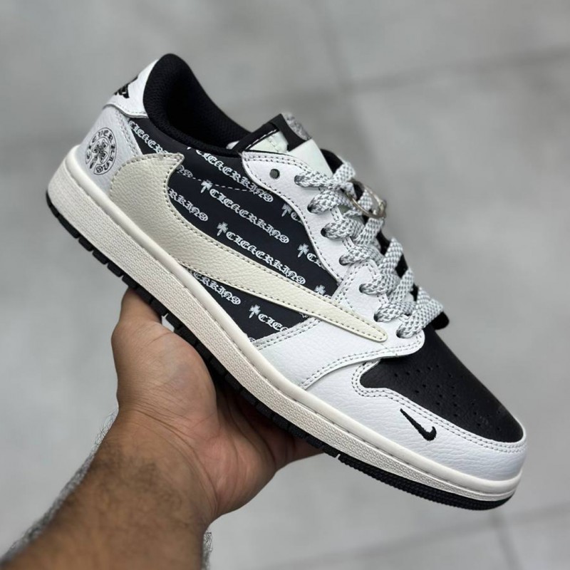 کفش نایک ایر جردن وان لو کروم هارتز سفید مشکی کرم Nike Air Jordan 1 Low Chrome Hearts White Black Cream