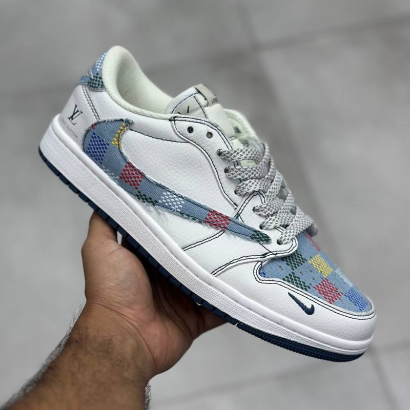 کفش نایک ایر جردن وان لو لویی ویتون سفید جین چهارخونه رنگی Nike Air Jordan 1 Low Louis Vuitton White Checkered Denim