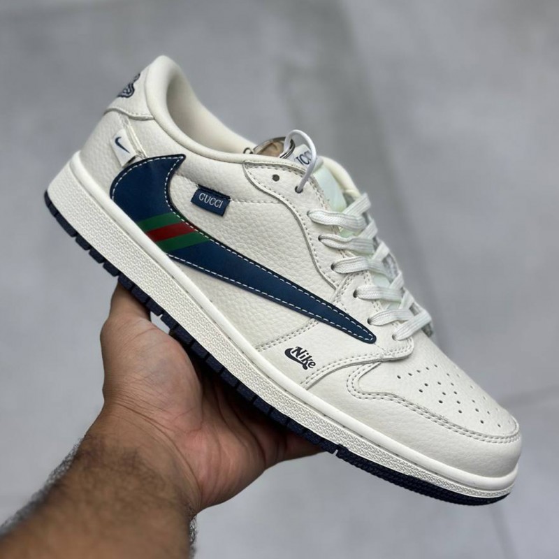 کفش نایک ایر جردن وان لو گوچی کرم روشن سرمه‌ای Nike Air Jordan 1 Low Gucci Light Cream Navy