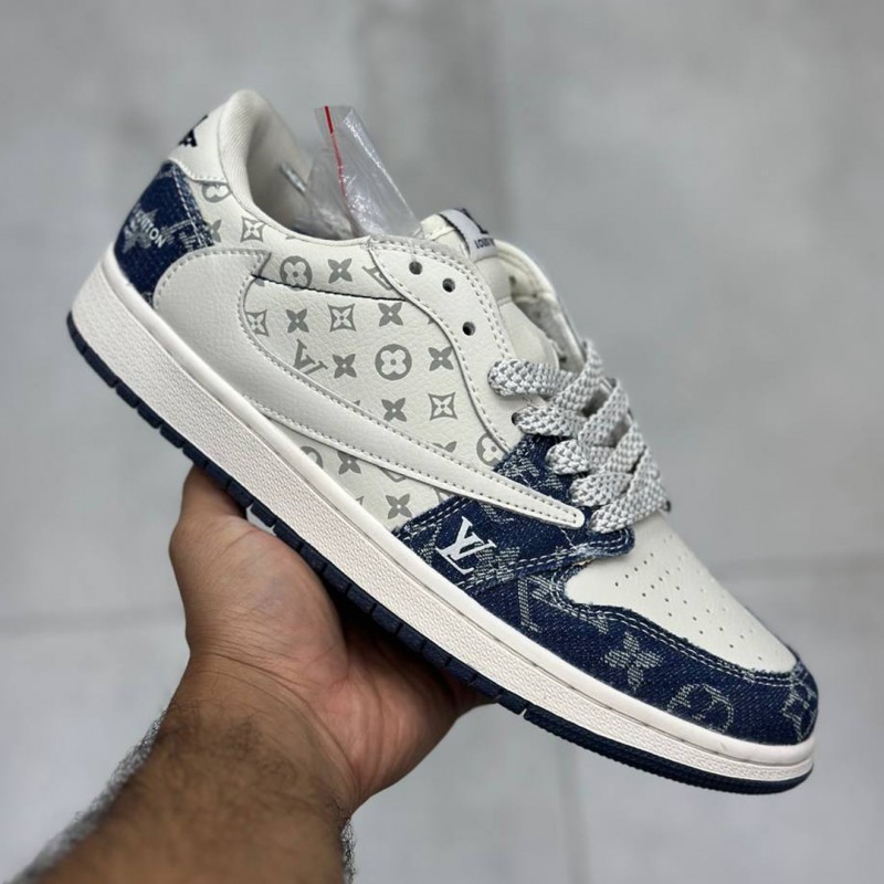 کفش  ایر جردن وان لویی ویتون LV Nike Jordan 1 Low x Travis Scott Fragment Denim Navy