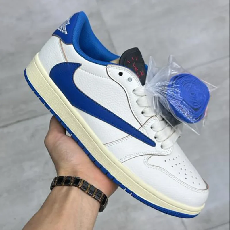 جردن ۱ لو تراویس اسکات سفید آبی Jordan 1 Retro Low OG SP Fragment x Travis Scott Sail Military Blue