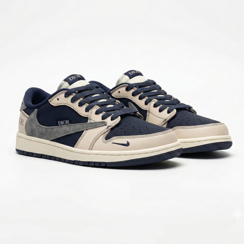 نایک ایر جردن وان لو دیور کرم سرمه ای خاکستری Nike Air Jordan 1 Low Dior Cream Navy Grey
