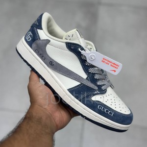 کفش نایک ایر جردن وان لو گوچی سفید طوسی سرمه ای جیر Nike Air Jordan 1  Low Gucci White Grey Navy Suede