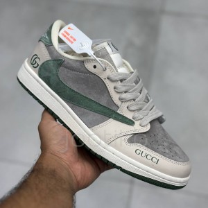 کفش نایک ایر جردن وان لو گوچی کرم سبز طوسی جیر Nike Air Jordan 1 Low Gucci Cream Green Grey Suede