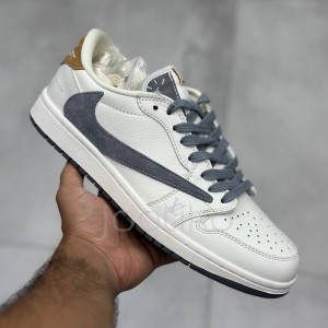 کفش نایک ایر جردن وان لو لویی ویتون سفید طوسی قهوه‌ای روشن Nike Air Jordan 1 Low Louis Vuitton White Grey Light Brown