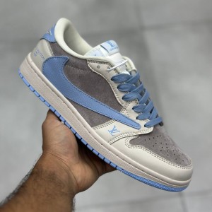 کفش نایک ایر جردن وان لو لویی ویتون طوسی آبی آسمانی کرم روشن Nike Air Jordan One 1 Louis Vuitton Grey Sky Blue Light Cream