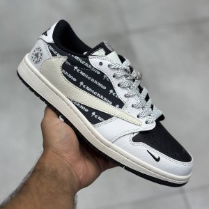 کفش نایک ایر جردن وان لو کروم هارتز سفید مشکی کرم Nike Air Jordan 1 Low Chrome Hearts White Black Cream