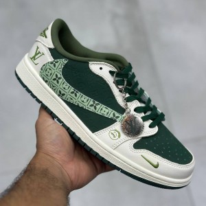 کفش نایک ایر جردن وان لو لویی ویتون سبز تیره سبز روشن و کرم Nike Air Jordan One 1 Louis Vuitton Dark Green Light Green Cream
