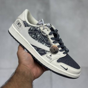کفش نایک ایر جردن وان لو بالنسیاگا پاریس کرم طوسی تیره Nike Air Jordan 1 Low Balenciaga Paris Dark Grey Cream