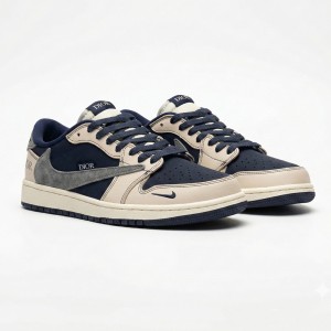 نایک ایر جردن وان لو دیور کرم سرمه ای خاکستری Nike Air Jordan 1 Low Dior Cream Navy Grey