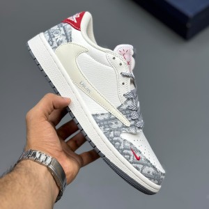 جردن ۱ لو تراویس اسکات دیور سفید خاکستری قرمز Travis Scott x Dior Air Jordan 1 Low White Grey Red