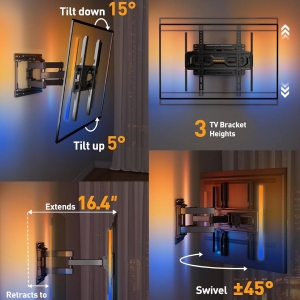 پایه دیواری تلویزیون دو بازو با چراغ‌های LED برای تلویزیون‌های 26 تا 65 اینچ