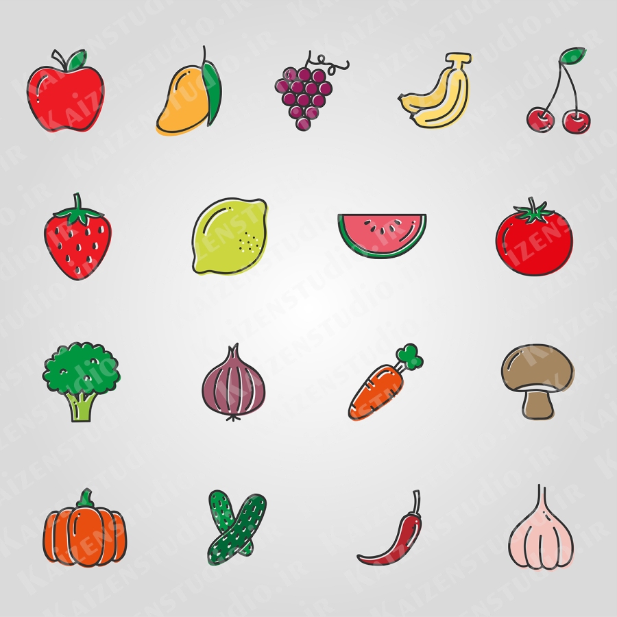پک آیکون وکتور مدل میوه و سبزیجات Fruits & Vegetables
