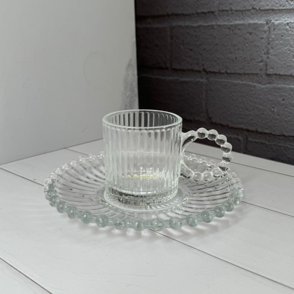 ست استکان و نعلبکی 6 نفره طرح شیاردار دسته مرواریدی آنجل