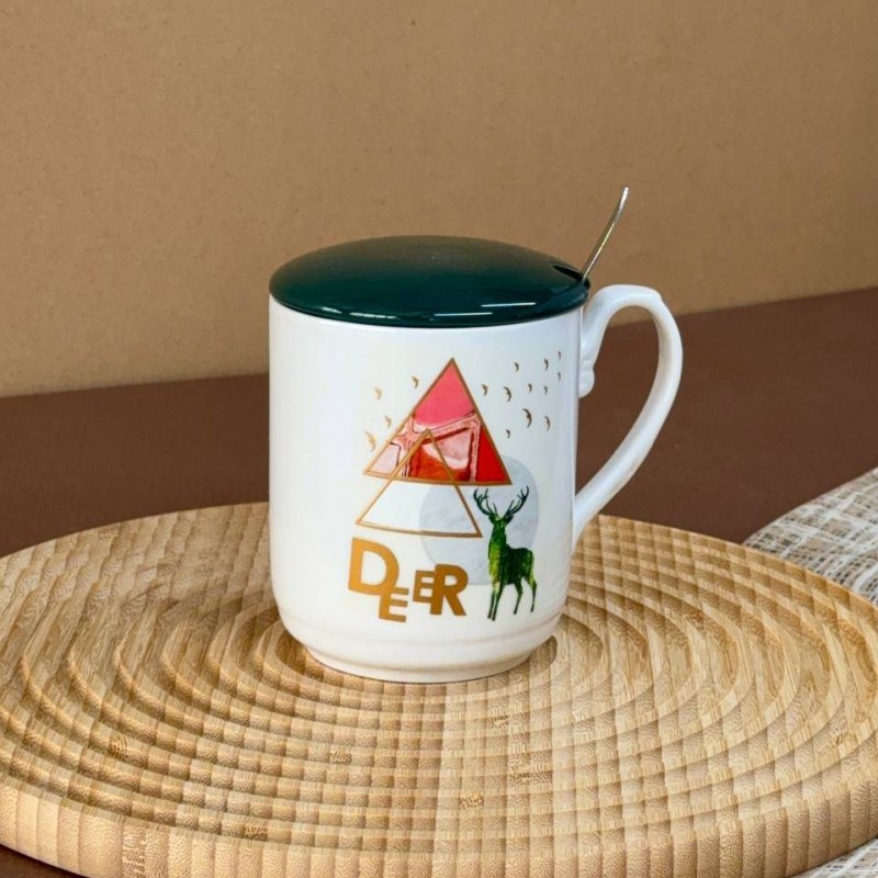 ماگ  سرامیکی درب و قاشق دار مدل گوزن