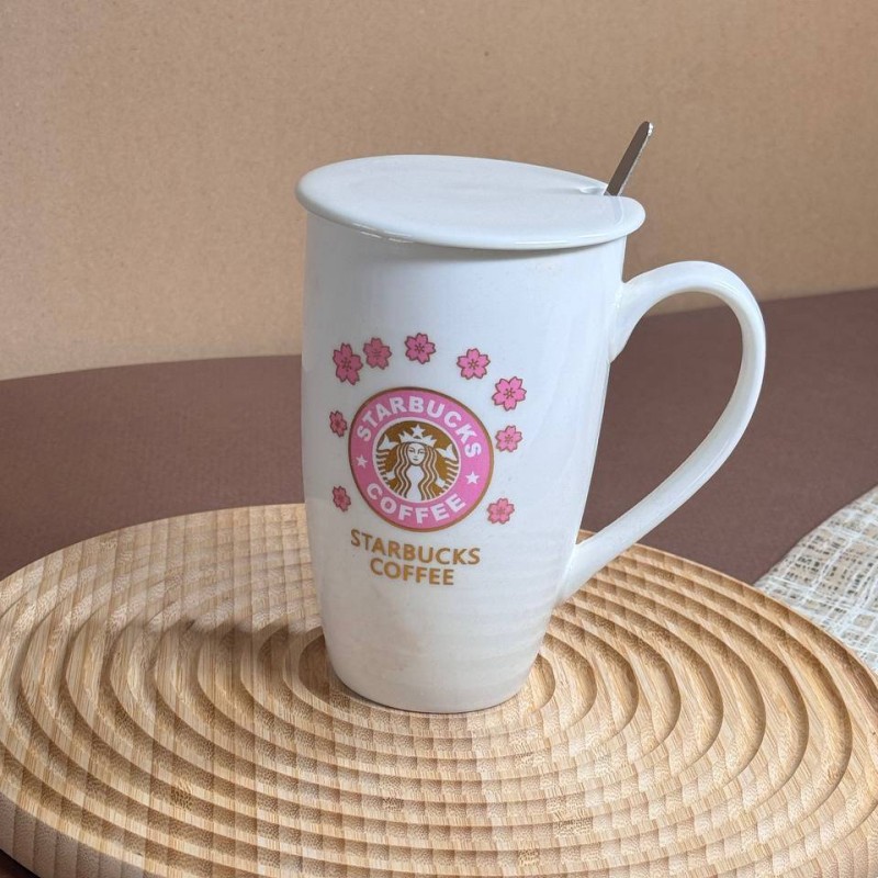 ماگ بزرگ سرامیکی قاشق ودرب دار طرح استارباکس