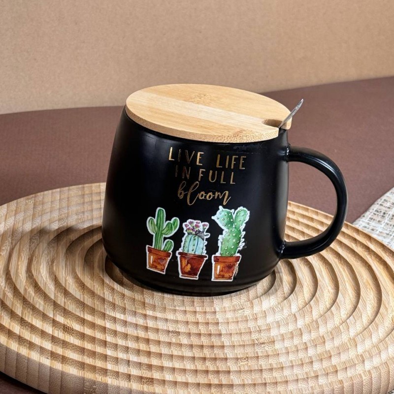 ماگ سرامیکی قاشق دار درب بامبو طرح کاکتوس