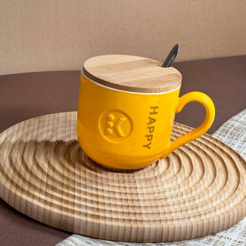 ماگ سرامیکی قاشق دار درب بامبو طرح HAPPY