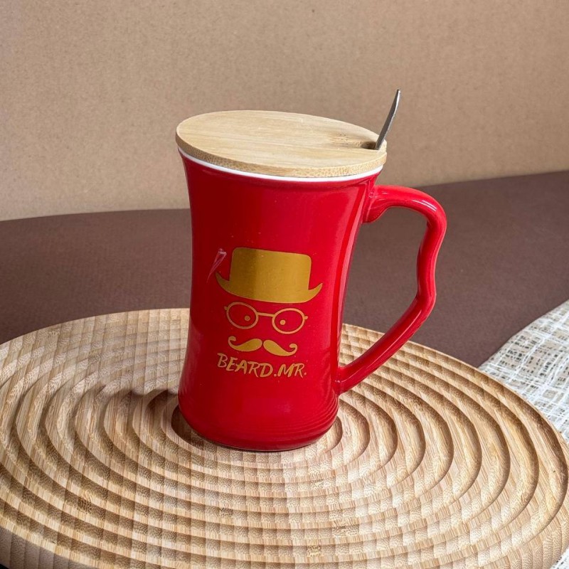 ماگ سرامیکی قاشق دار درب بامبو طرح BEARD MR