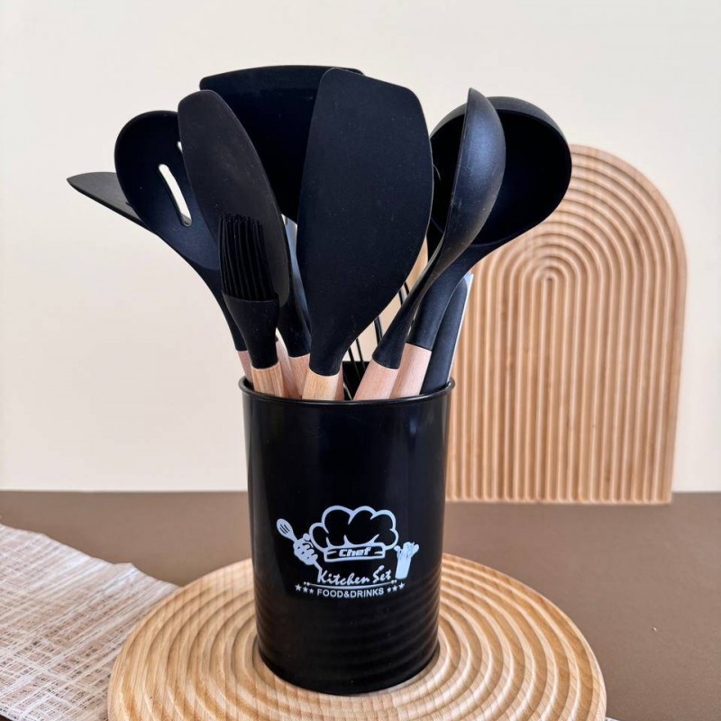 ست کفگیر و ملاقه سیلیکونی دسته چوبی 12 پارچه