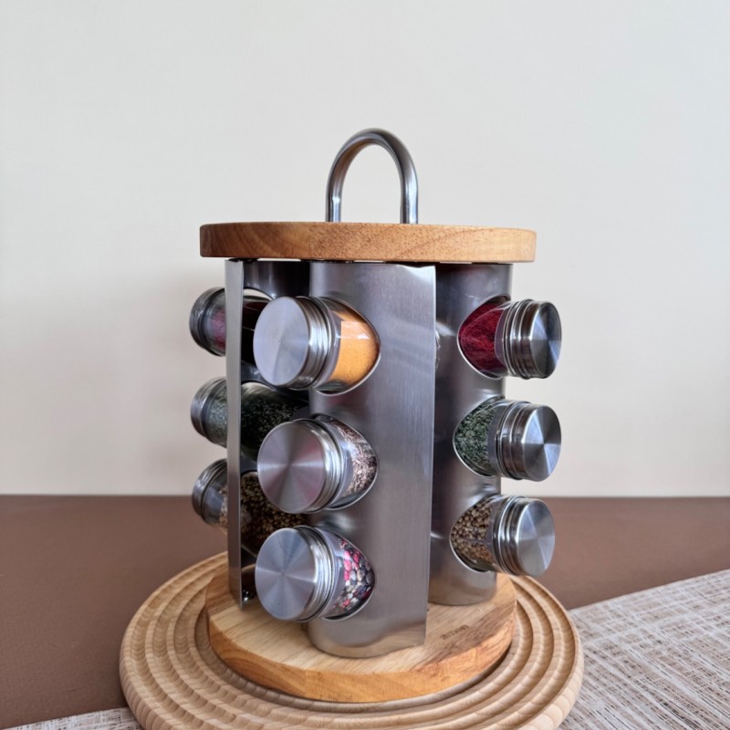 ست جا ادویه چرخشی 12 پارچه استیل و بامبو دسته دار لیمون