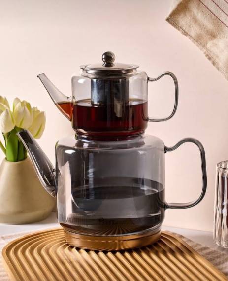 ست کتری قوری پیرکس کف استیل 304 دودی