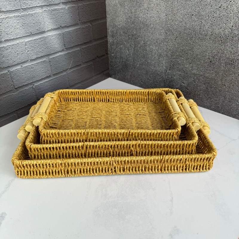 ست سه‌عددی سینی حصیری دسته‌چوبی