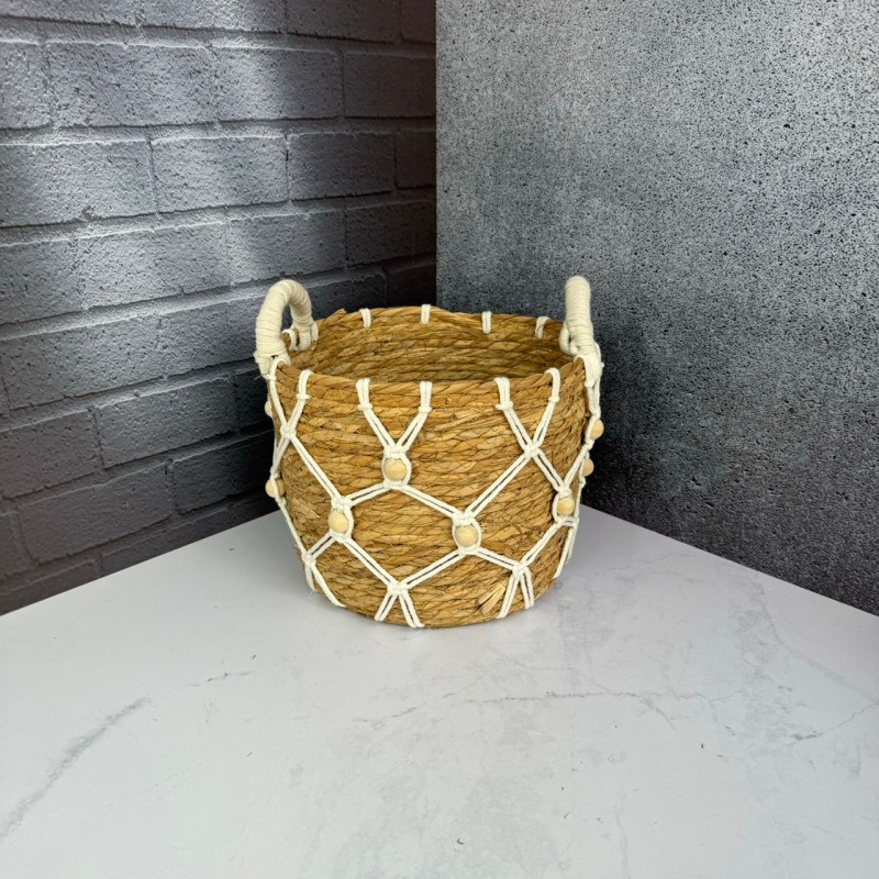 سبد حصیری سه عددی طرح آویز و دسته مکرومه