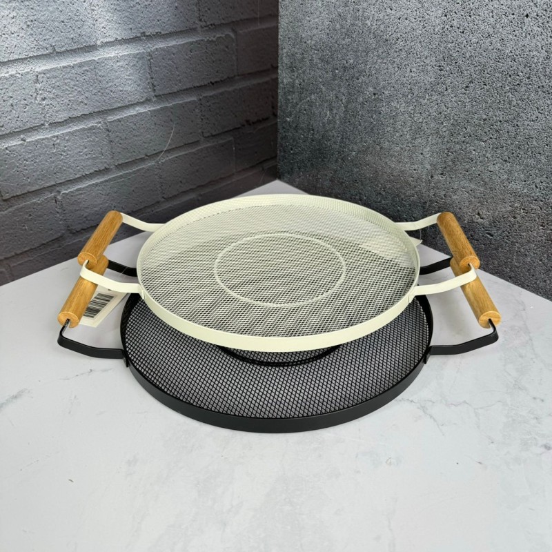 سینی فلزی تخت دسته بامبو توری طرح گرد