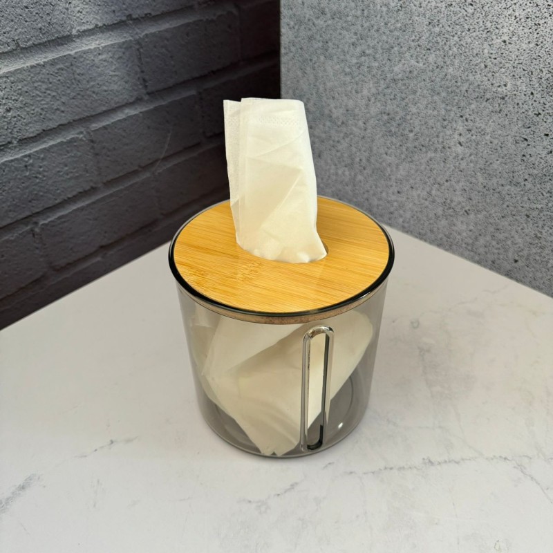 جا دستمال کاغذی اکرولیک دودی درب بامبو مدل گرد