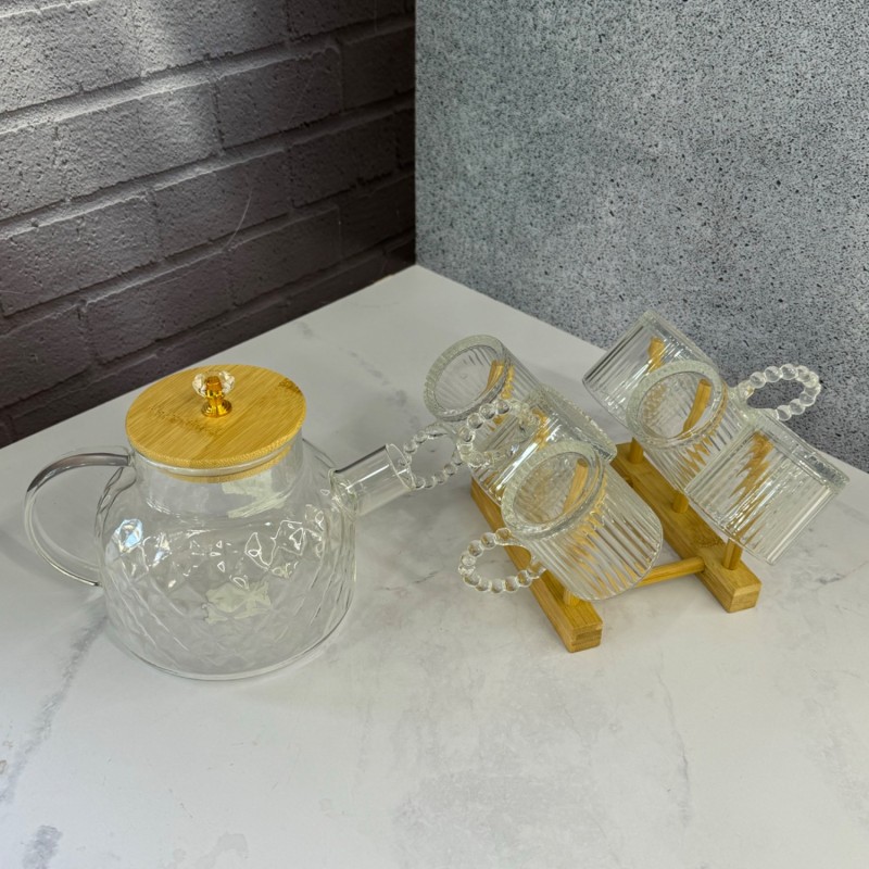 ست قوری و استکان پیرکس درب الماسی همراه با استند بامبو