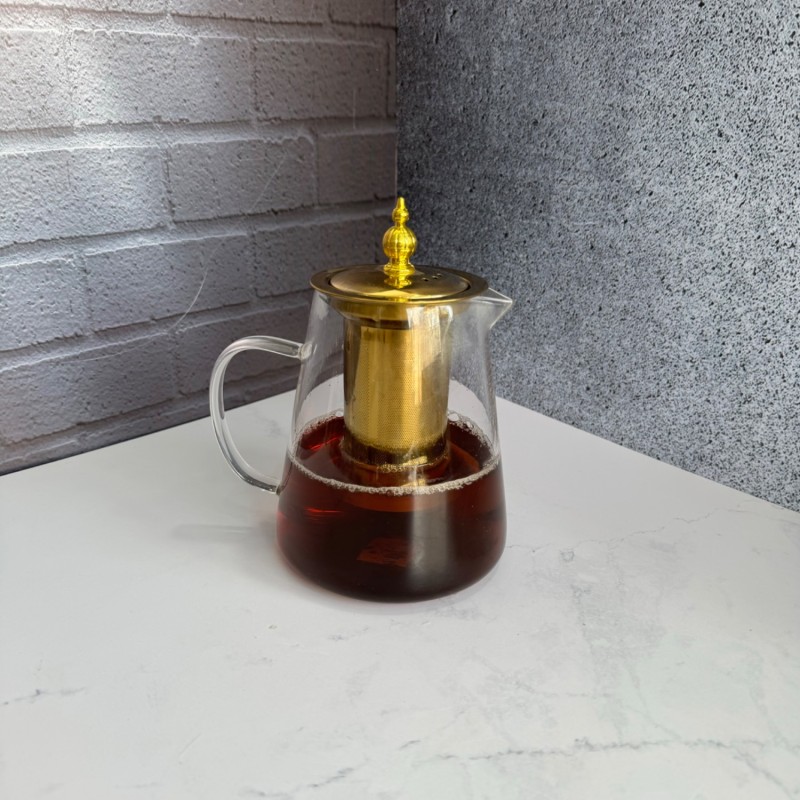 قوری پیرکس طلایی درب استیل صافی دار  کف گرد