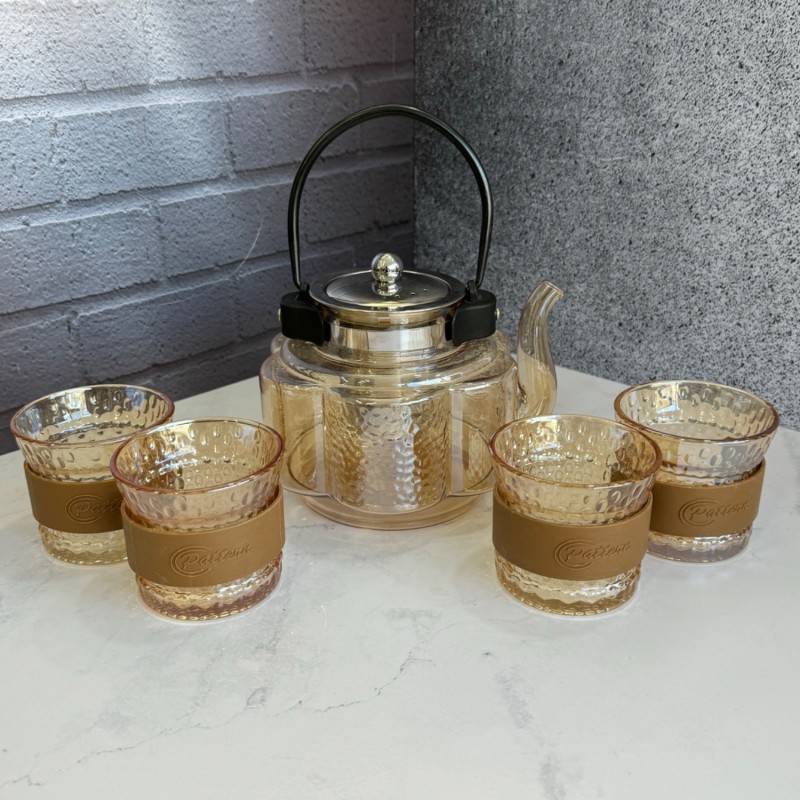 ست قوری و استکان پیرکس دسته مشکی شامپاینی