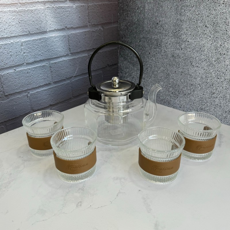 ست قوری و استکان پیرکس شعله مستقیم دسته مشکی