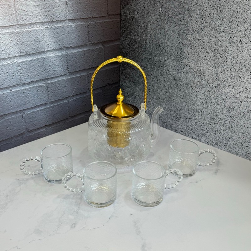 ست قوری و استکان پیرکس شعله مستقیم دسته طلایی