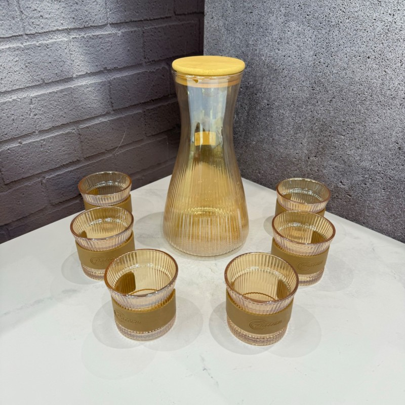 ست پارچ و لیوان کمر باریک  درب بامبو طرح شیار دار