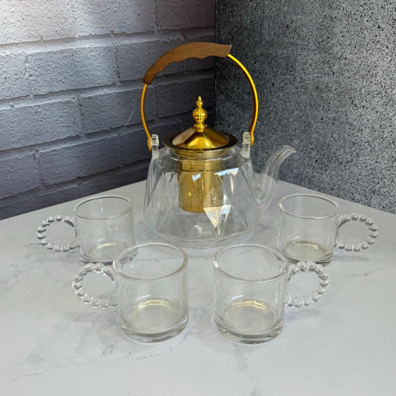 ست قوری و استکان پیرکس دسته منجوق طرح لوزی