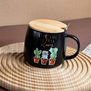 ماگ سرامیکی قاشق دار درب بامبو طرح کاکتوس