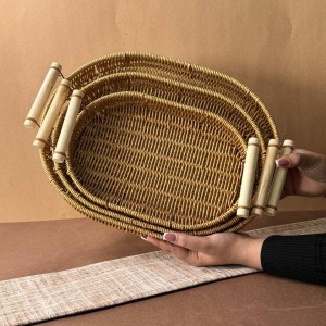 سینی حصیری دسته بامبو مدل بیضی